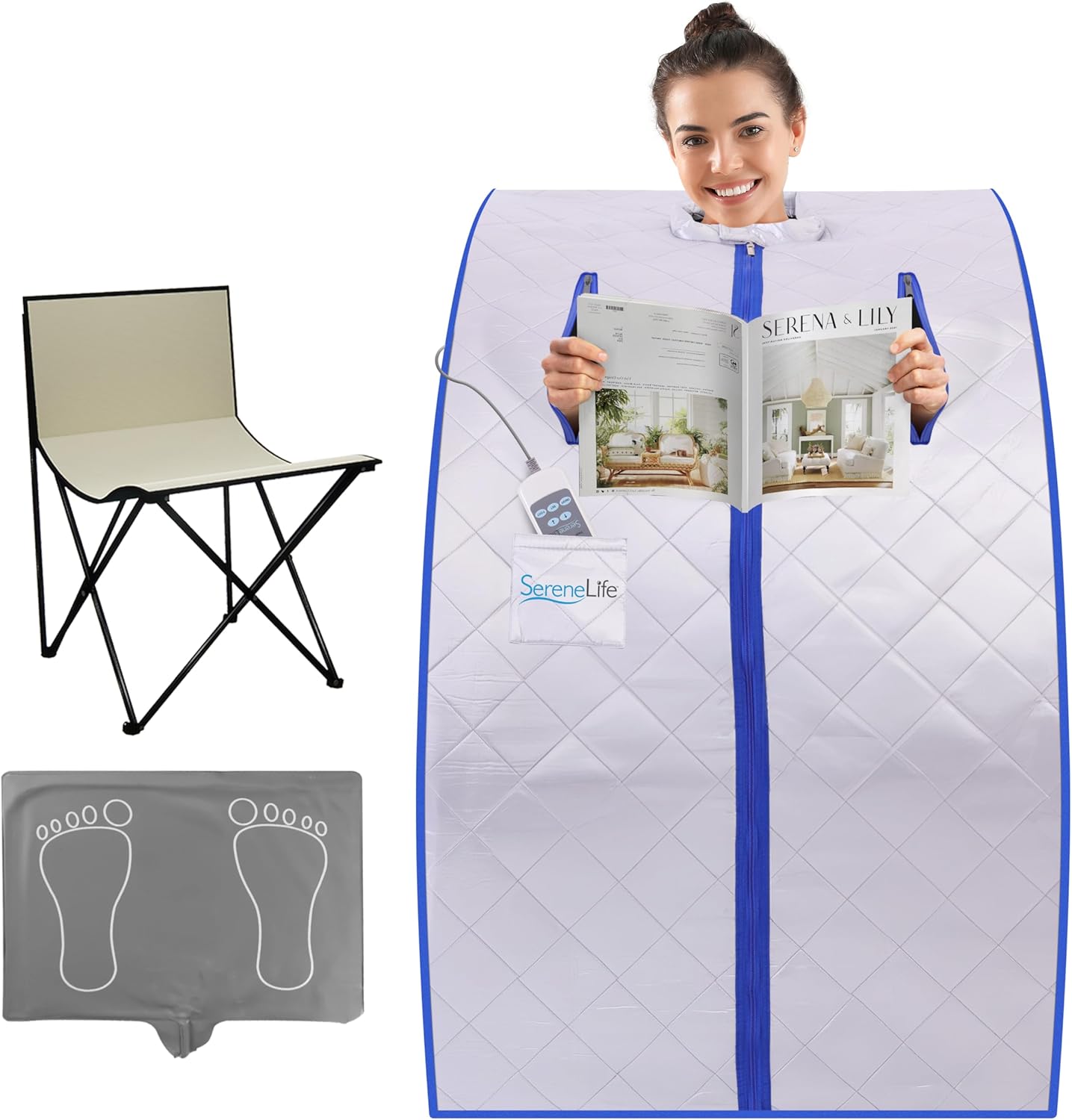 SereneLife Portable Sauna for Home, Infrared Sauna Tent with Heated Foot Pad and Folding Chair, Compact Personal Rejuvenation Sauna, Remote Control in-Home Spa, 38″ x 32” – (Silver)