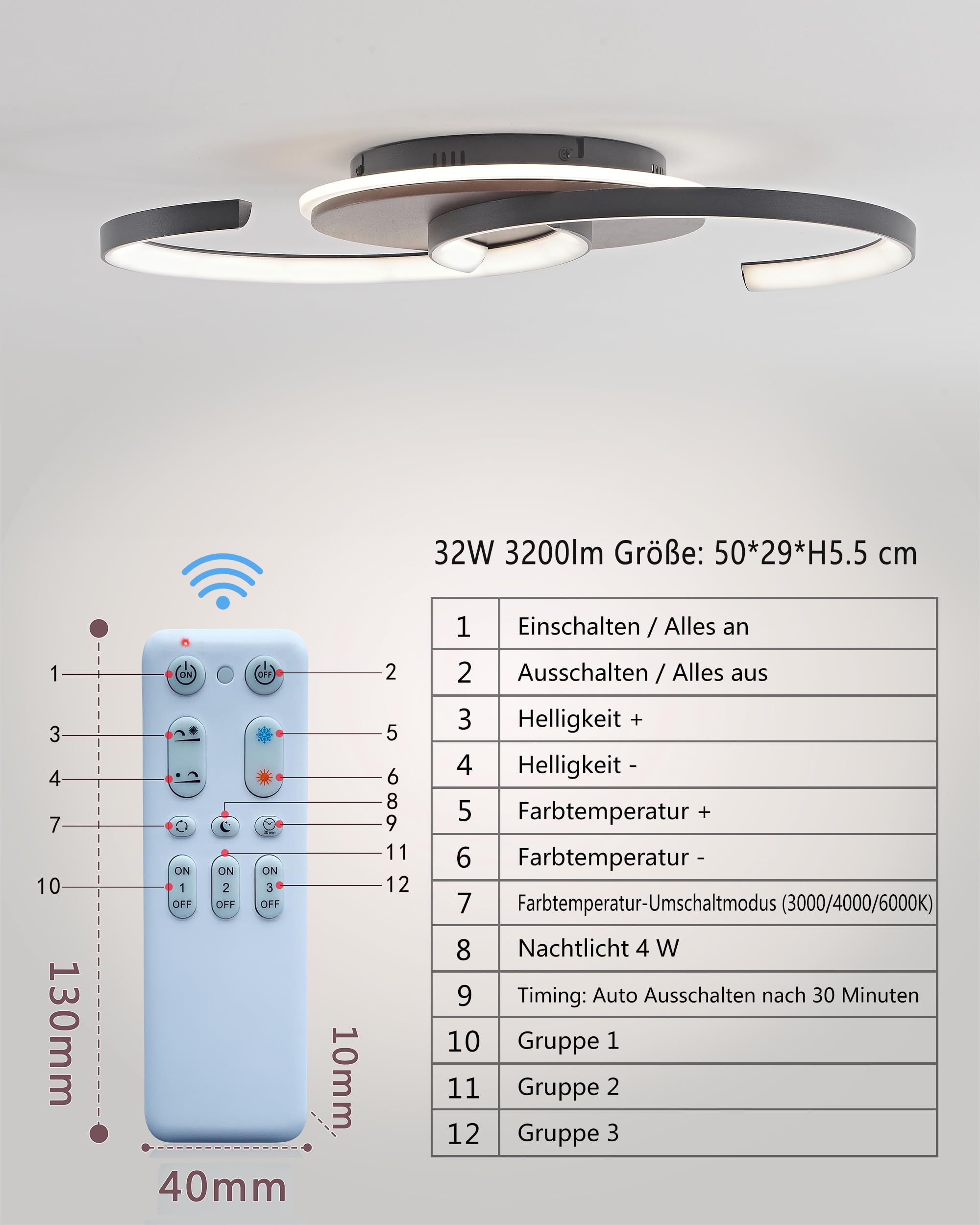 LED Deckenleuchte Holz dimmbar, Walnuss schwarz „S“ 2-Ringe Modern Deckenlampe, 32W 50cm 3200lm 3000K-6000K mit Fernbedienung, Schlafzimmerlampe, Flurlicht, Memory-Funktion, 4W Nachtlicht