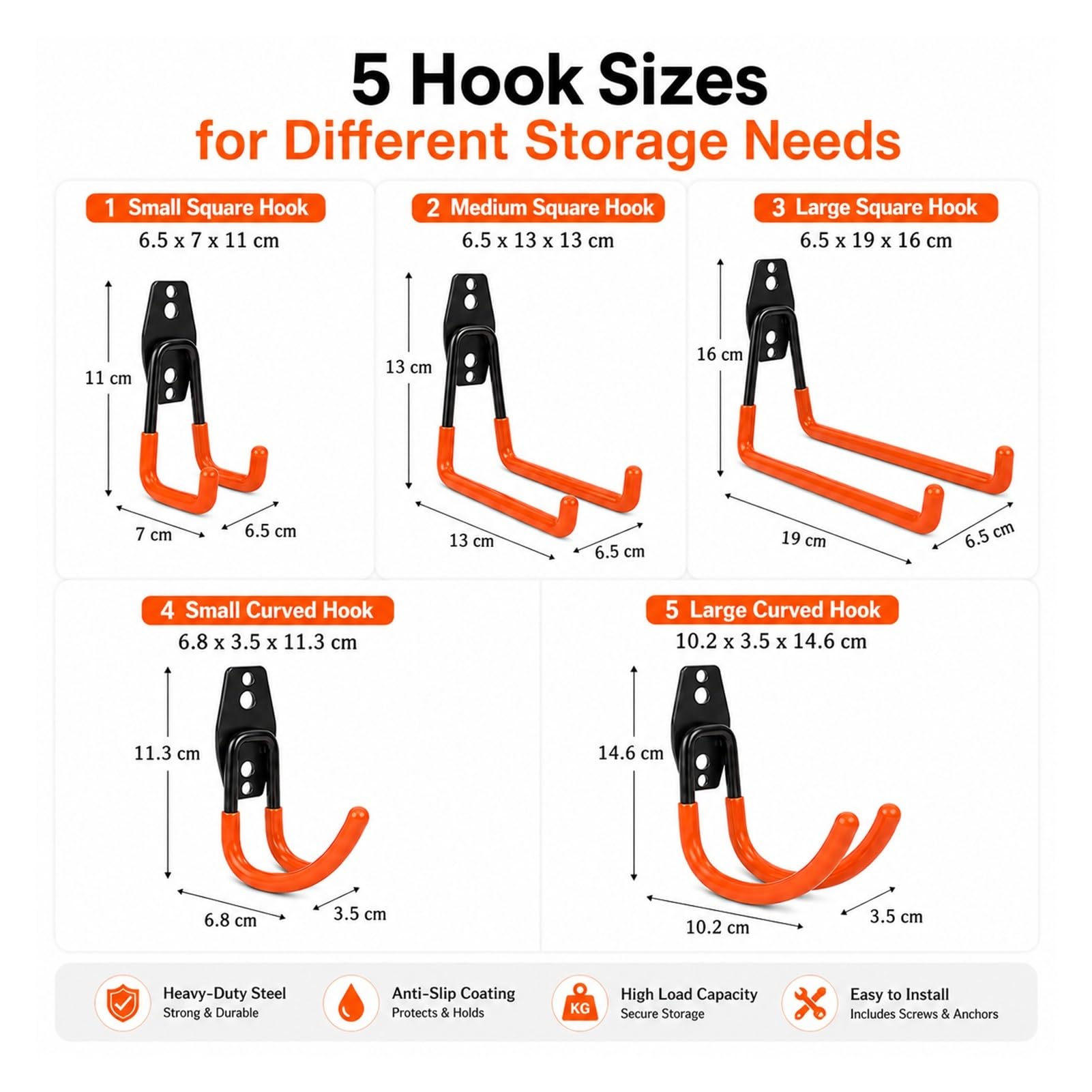 Ganci da Parete con Rivestimento in Gomma Antigraffio, Ganci Garage Doppia Crampata in Acciaio, Porta Attrezzi da Parete in Ferro per Officina, Garage, Trapani e Tubi(Orange)
