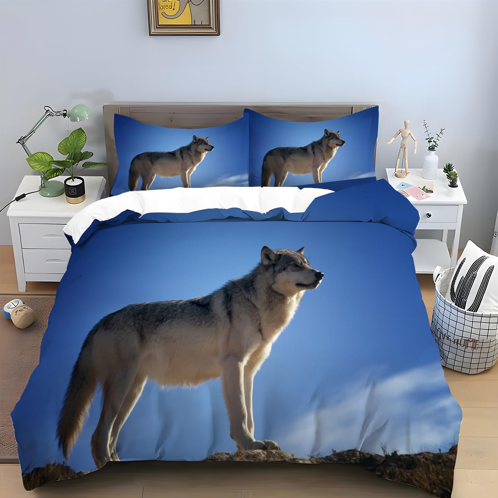 Niebieski szary wilk zestawy pościeli king size - wzór zwierzęcy poszewka na kołdrę + 2 poszewki na poduszki 48 x 74 cm, 110 g mikrofibra nadająca się do prania hipoalergiczna z zapięciem na zamek błyskawiczny