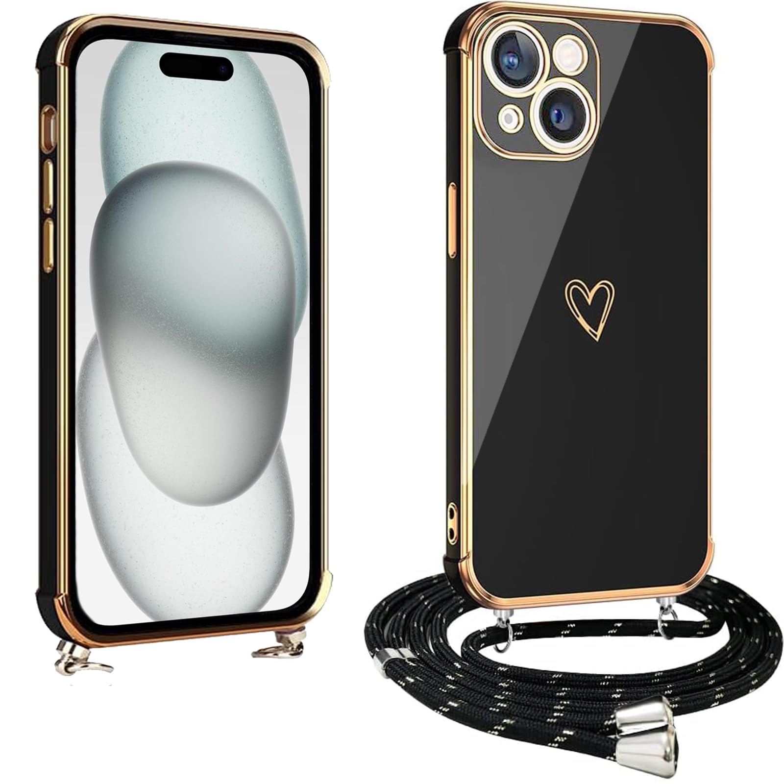 vumebao Mobile Phone Chain for iPhone 15, Case with Strap, Mobile Phone Case Heart Love Design Silicone Bumper Cord