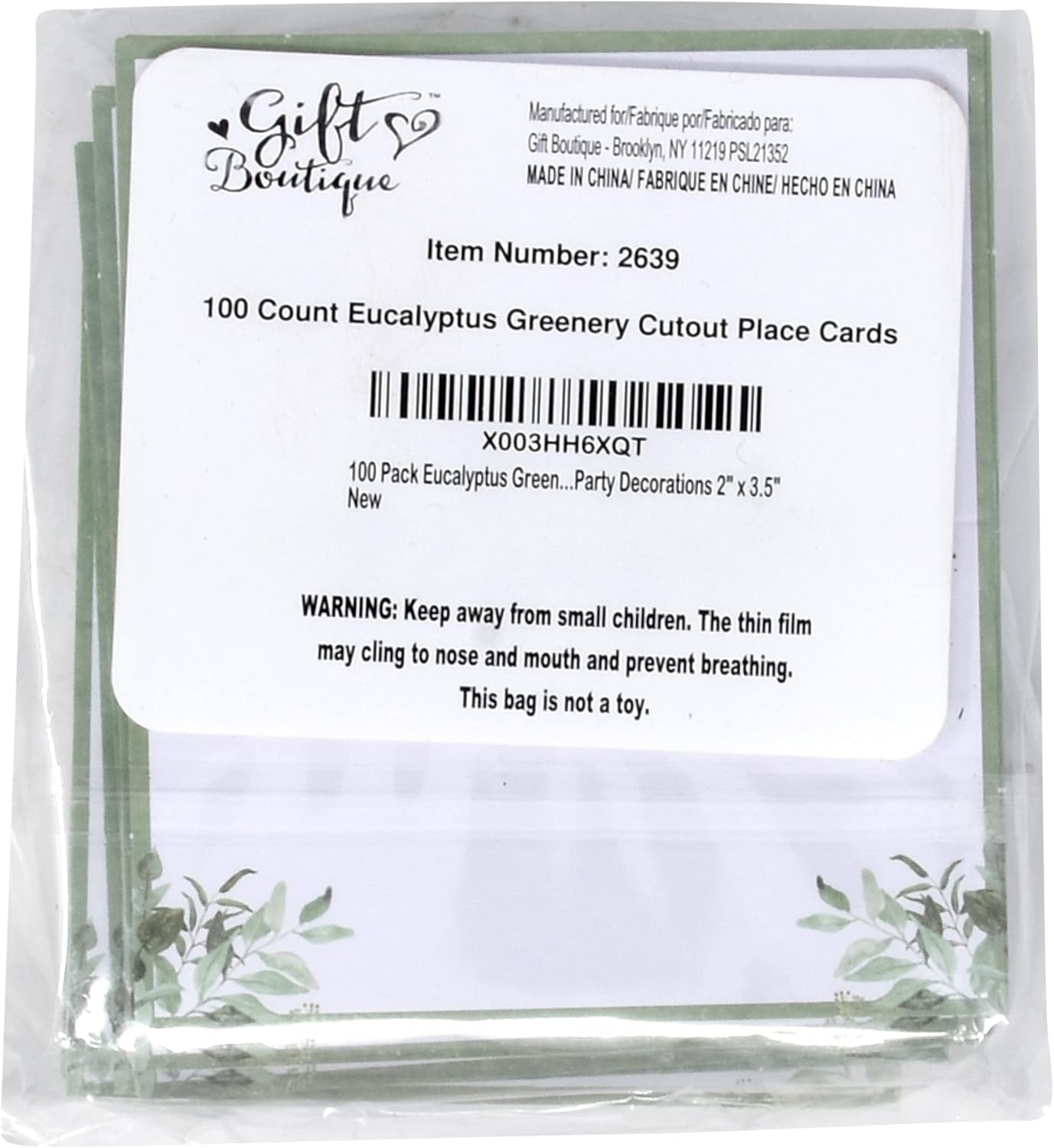 Gift Boutique 100 Pack Eucalyptus Greenery Place Cards Floral Green Leaves Seating Name Card Folded Tent Cards for Baby Shower Reception Tables Placement Party Decorations 2" x 3.5"
