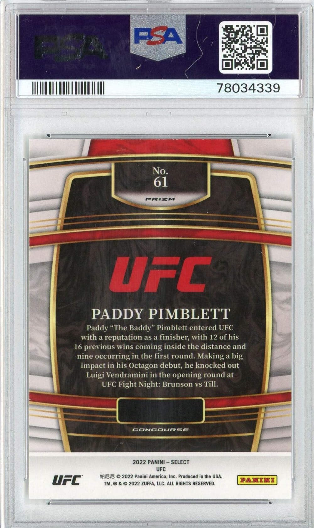 Amazon.com: Graded 2022 Panini Select UFC Paddy Pimblett #61 Silver Prizm  Rookie RC UFC MMA Card PSA 10 Gem Mint : Collectibles & Fine Art