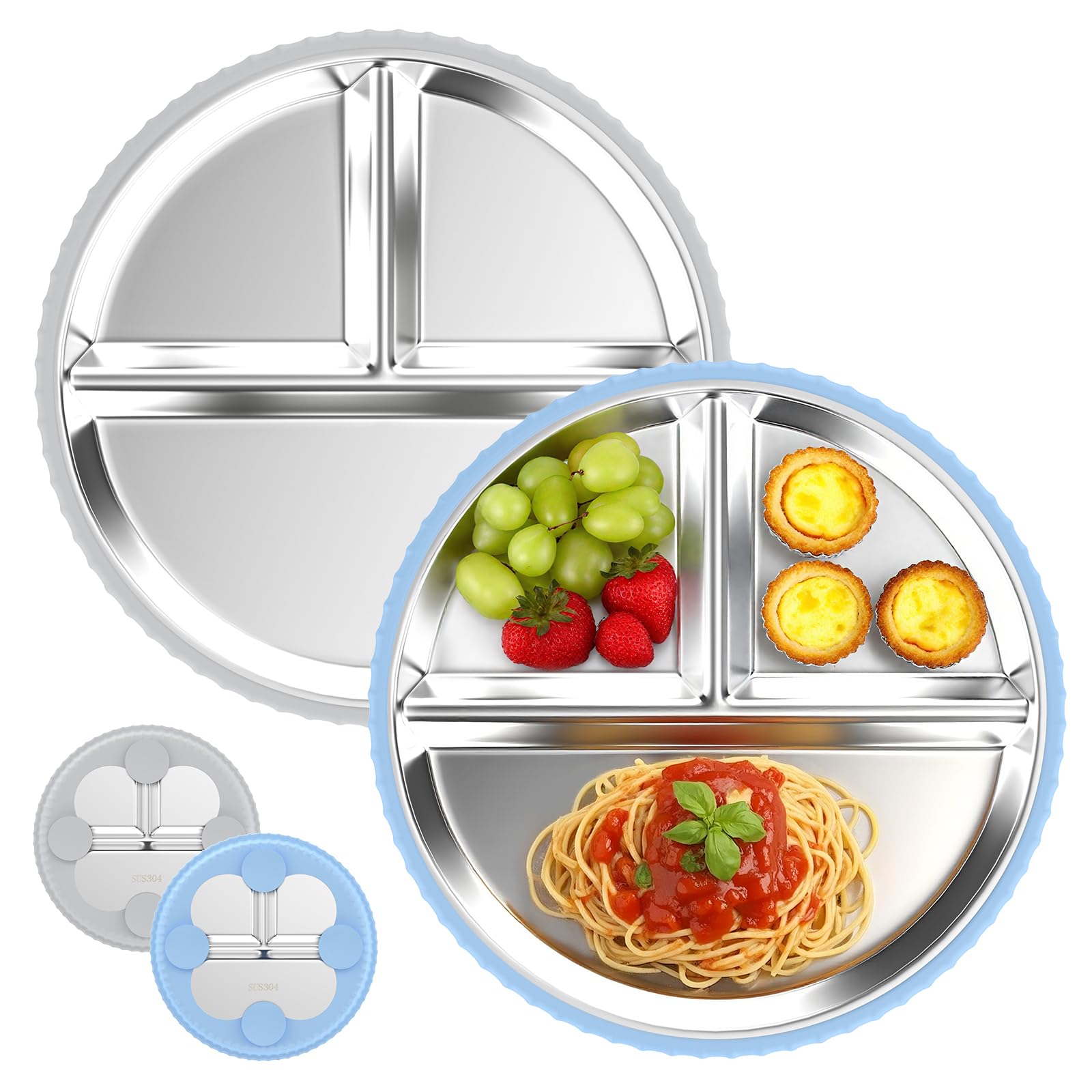 SonPen 2 Stück Edelstahl Baby Teller mit Saugnapf, Sturzsicher Kinderteller mit Entfernbarer Silikon Hülle, Babyteller mit Saugnapf Spülmaschinenfest Geteilte, Ungiftig und BPA-frei (Grau Blau)