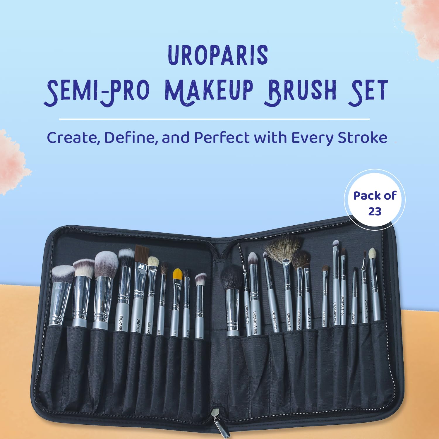 Uroparis Semi-PRO - Set di 23 pennelli da trucco con custodia pieghevole in pelle, strumento per il trucco con manico in legno, per un'applicazione impeccabile, facile da trasportare e pulire, argento