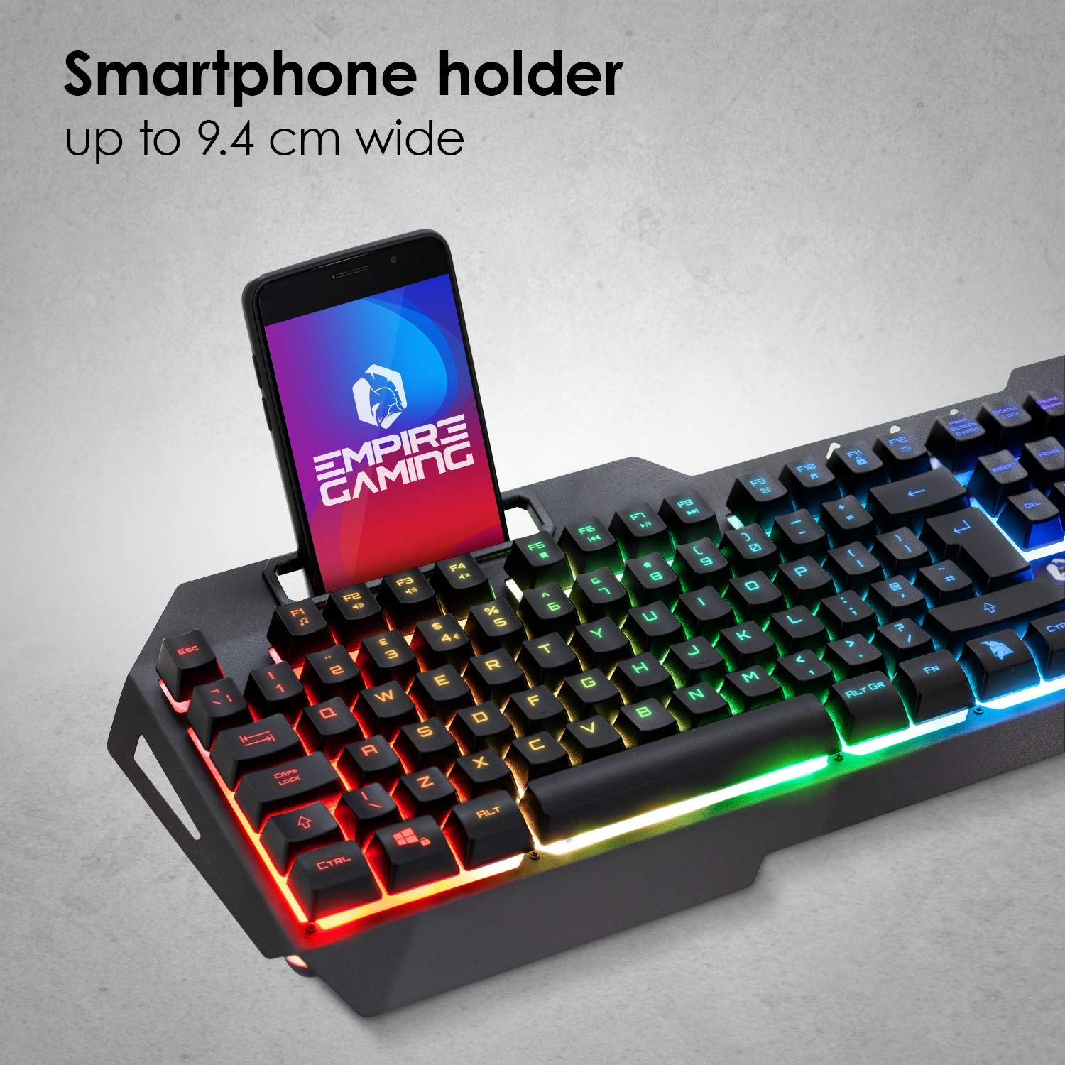 EMPIRE GAMING - Drak Fury Keyboard and Mouse Pack English – Smartphone Holder - 19 Anti-Ghosting Keys – 12 Multimedia Shortcuts - 7 3200 DPI Buttons– 11 LED RGB Back Lighting Modes – Wired USB