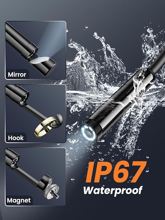 Endoscope Inspection Camera, 1920P HD Borescope with 8 LED Lights, 10M Semi-Rigid Snake Inspection camera, IP67 Waterproof Drain Pipe Borescope Mens Gadgets for iOS and Android