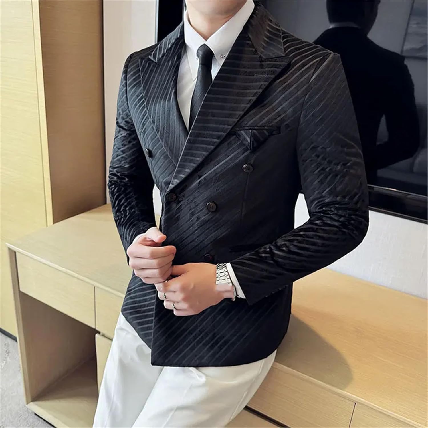 Men Velvet Suit Jacket Double-Breasted Striped Slim Fit Casual Coats Formal Business Tailcoat