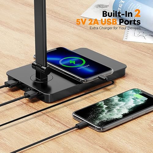 Miniatura 5 de Lámpara de escritorio LED para cuidado de los ojos, lámpara de mesa regulable con 2 puertos de carga USB y 10 niveles de brillo x 5 modos de color,