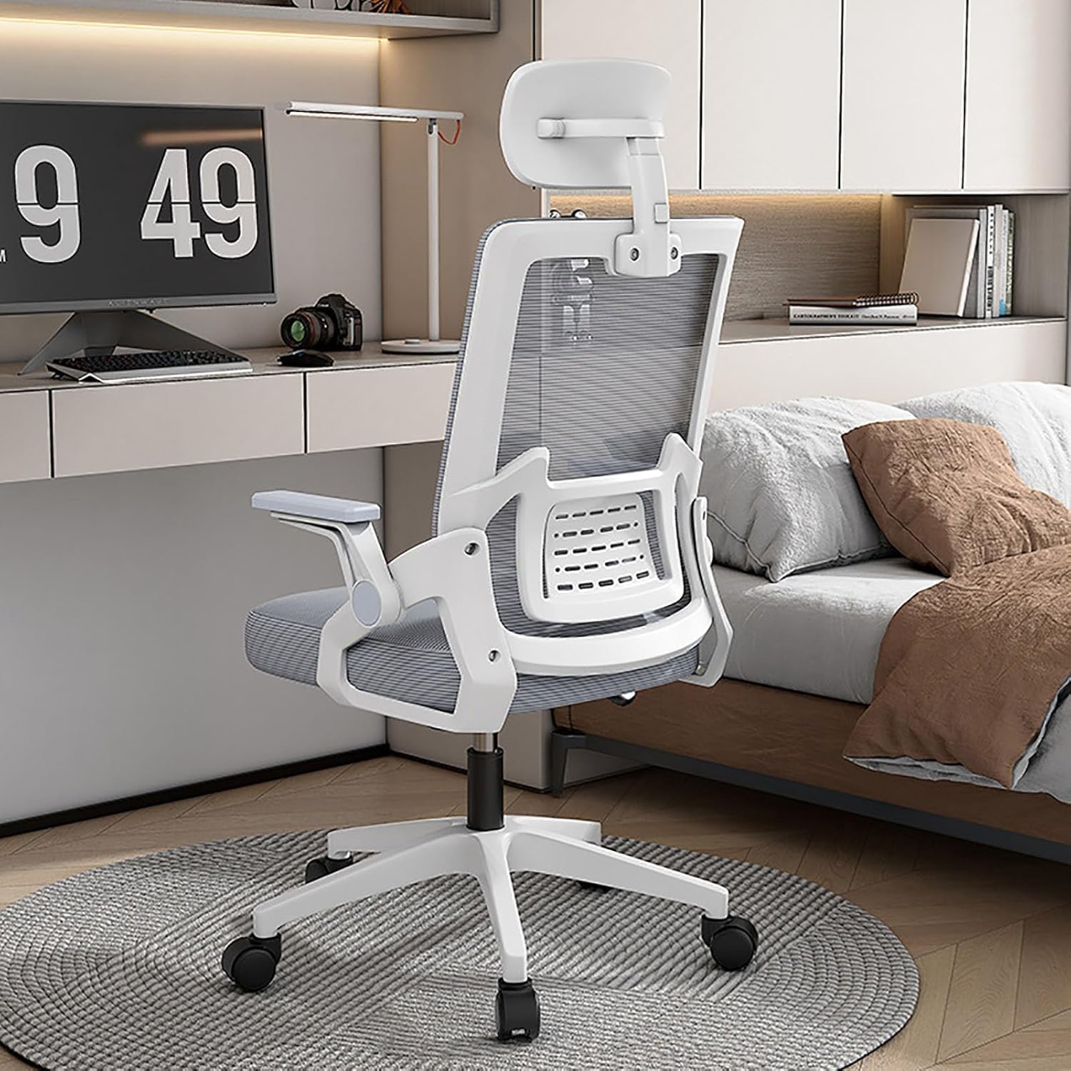 Ergonomic Office Chair with Headrest, Adjustable Headrest＆Seat Height Lift Desk Chair, Latex Cushion and Soft Breathable Mesh Backrest Home Office Chair for Long Hours of Play or Work. (A)
