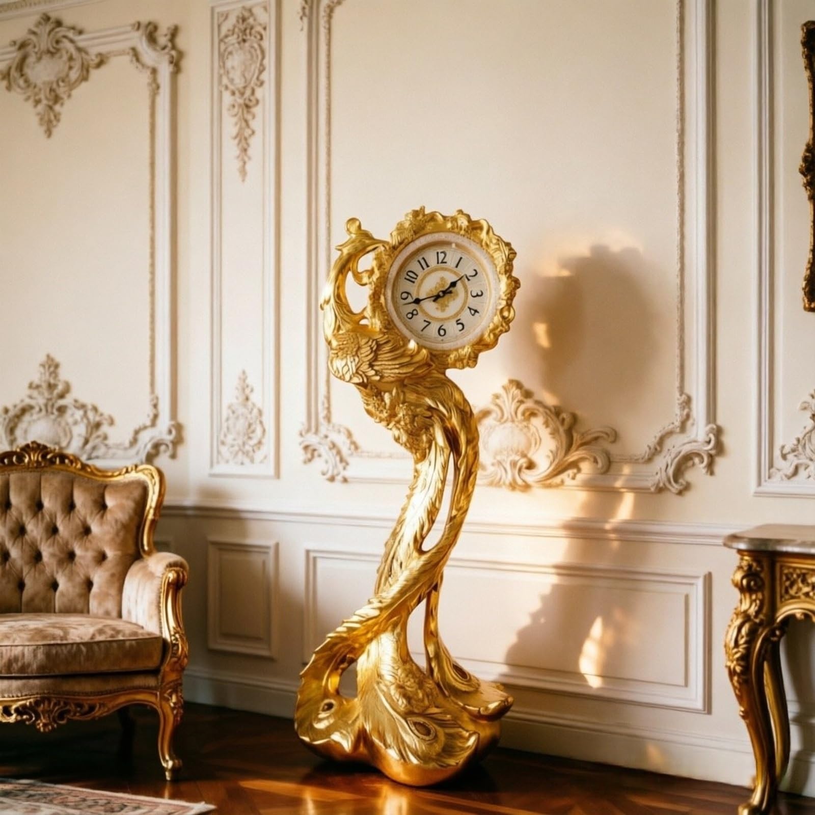 Decorativo Reloj de pie Movimiento silencioso cuarzo para la oficina | Estilo europeo tallado adornado(Gold)