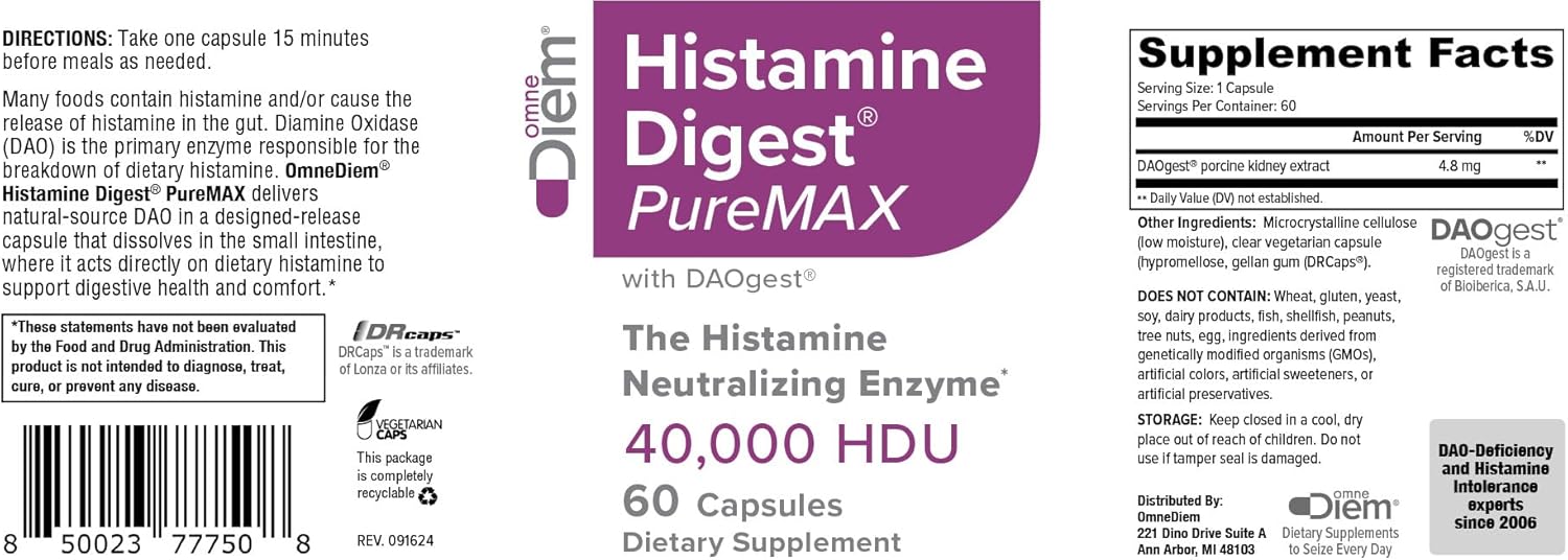 Omne Diem Histamine Digest PureMAX with DAO - Diamine Oxidase Supplement for Food Related Histamine Intolerance (60)
