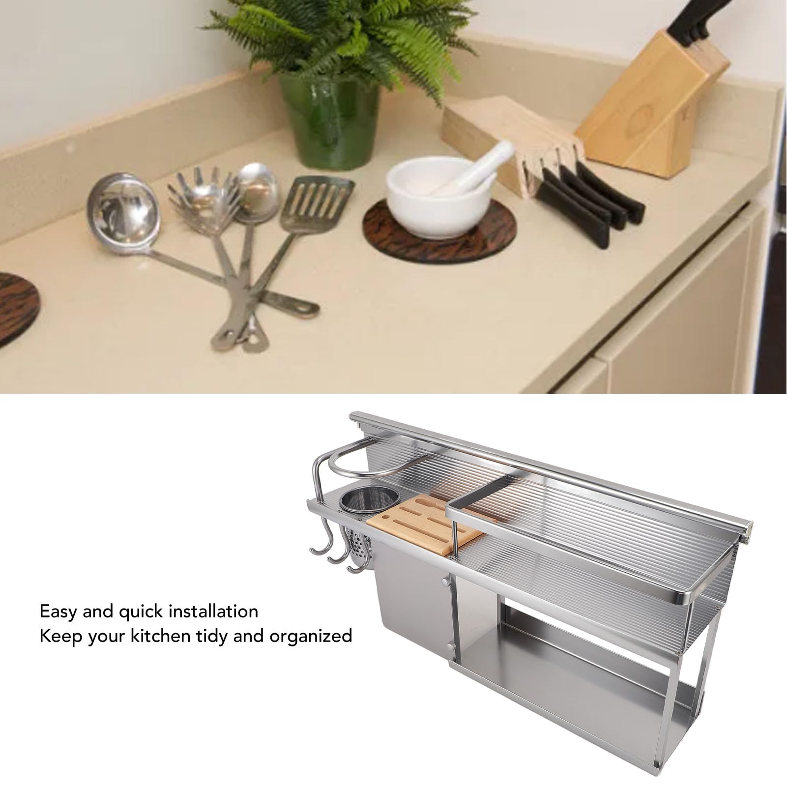 Estante organizador de cocina de 2 niveles de aleación de aluminio montado en la pared para espátula, cuchara, frasco de condimentos
