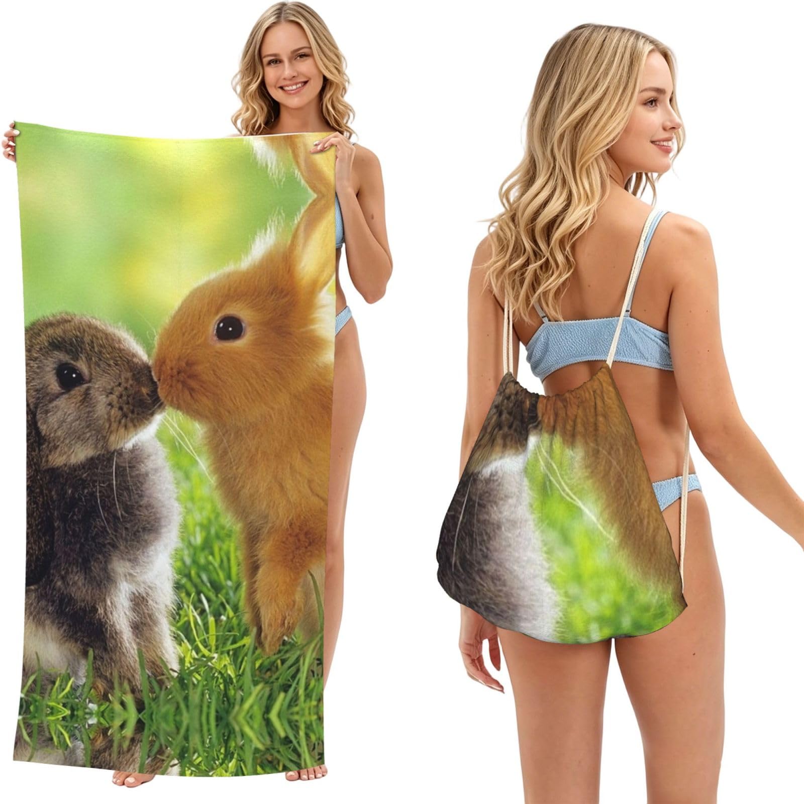 ESNAIUVCD Rabbit Couple Print Beach Towel For Adults,Towel With Drawstring Bag, Travel Pool Swimming Sports Shower Sand Free Quick Dry Bath Towel For Pool, Beach, Yoga- 180x60cm