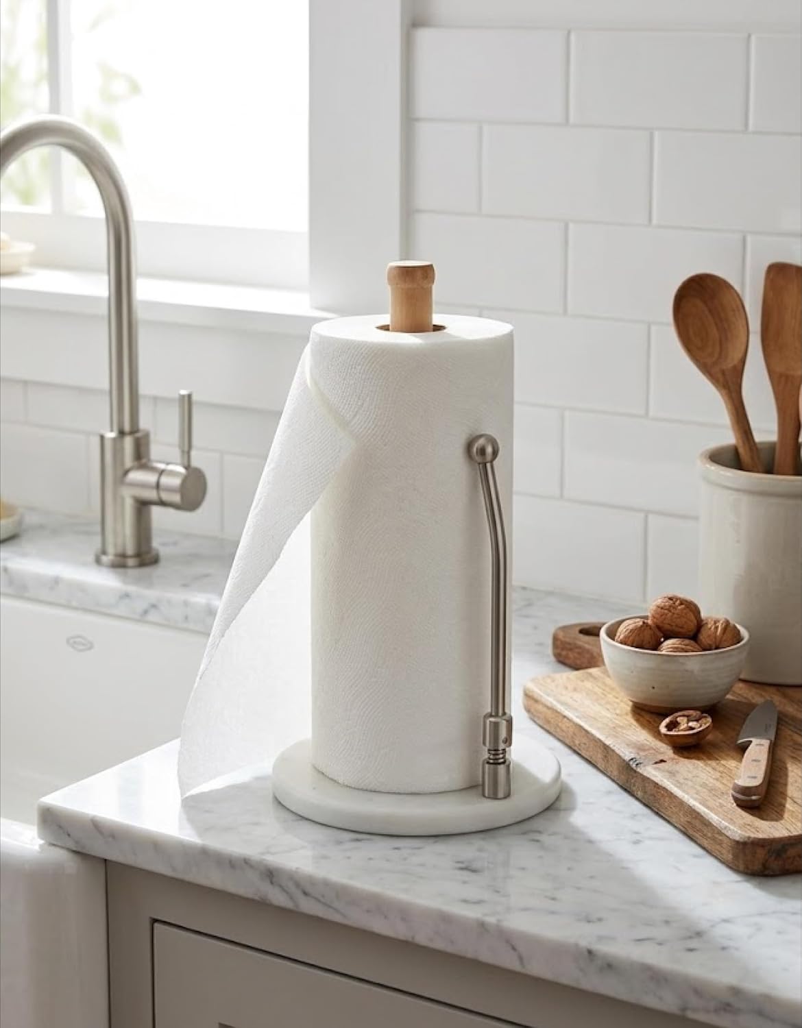 Spiretro Elegant Marble & Wood Paper Towel Holder – Real White Marble Base, Natural Wood Rod & Stainless Steel Tension Arm – Jumbo Roll Compatible – 7.75" W x 7.75" D x 13.25" H