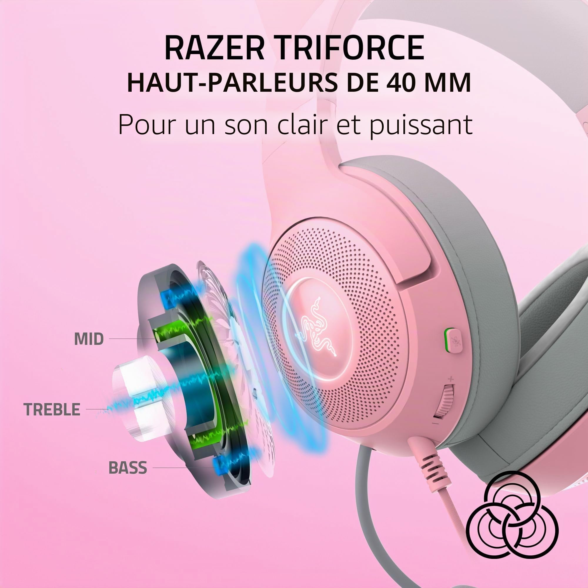 Razer Kraken Kitty V2 Casque Filaire USB RGB : Chroma Kitty Ears - Éclairage réactif - Micro cardioïde HyperClear - Pilotes Triforce 40 mm - Son Surround 7.1 - Quartz Rose