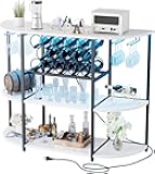 JUMMICO Wine Bar Cabinet with LED Light and Charging Station, Freestanding Wine Racks & Cabinet with 3 Tiers Storage Shelves and Footstands, Coffee Liquor Bar Cabinets for Home/Kitchen (White)