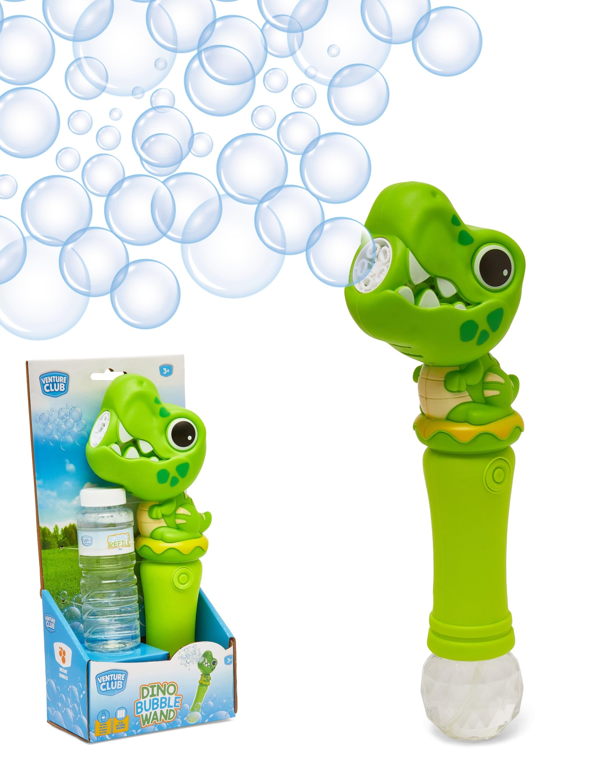 Venture Club Dino Bubble Wand - Push Button Bubble Machine for Kids, Bubbles for Kids & Toddlers, Garden Toys & Games for Outdoor Play, Party & Active Fun - Lightweight, Children Aged 3+