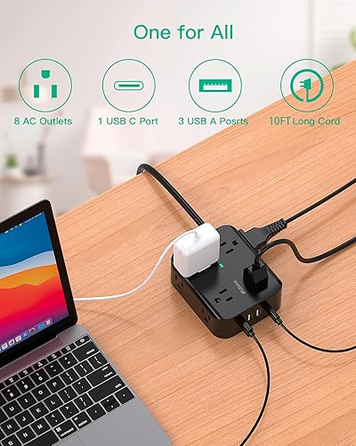 Miniatura 2 de Cable de extensión de 10 pies, regleta de alimentación de enchufe plano con 8 salidas anchas, 4 puertos USB, extensor de salida de 3 lados, montado,