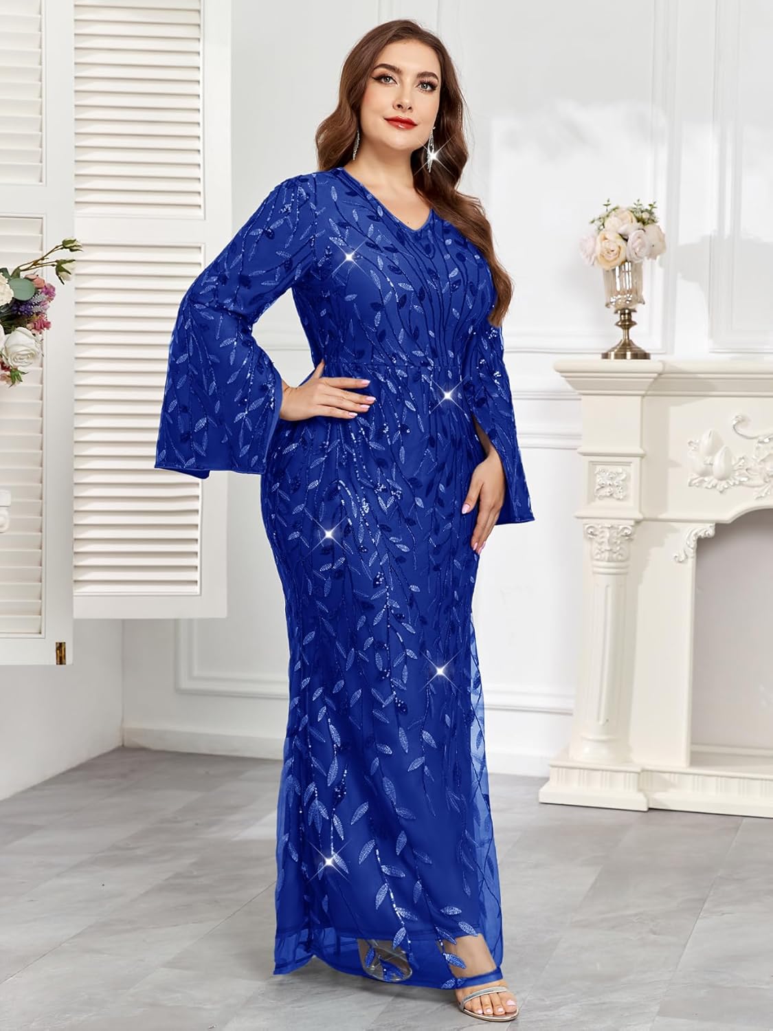Plus Size Formal Dresses Long Flared Sleeve V-Neck Evening Gowns Wedding Guest Sequin Embroidery Prom Maxi Dress, Royal Blue, 3X - Image 5