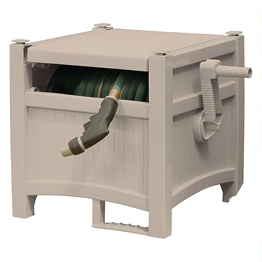 Suncast 100 Foot Capacity Durable All Weather Outdoor Plastic Garden Hose Reel Hideaway with Stay Up Lid and Crank Handle, Taupe