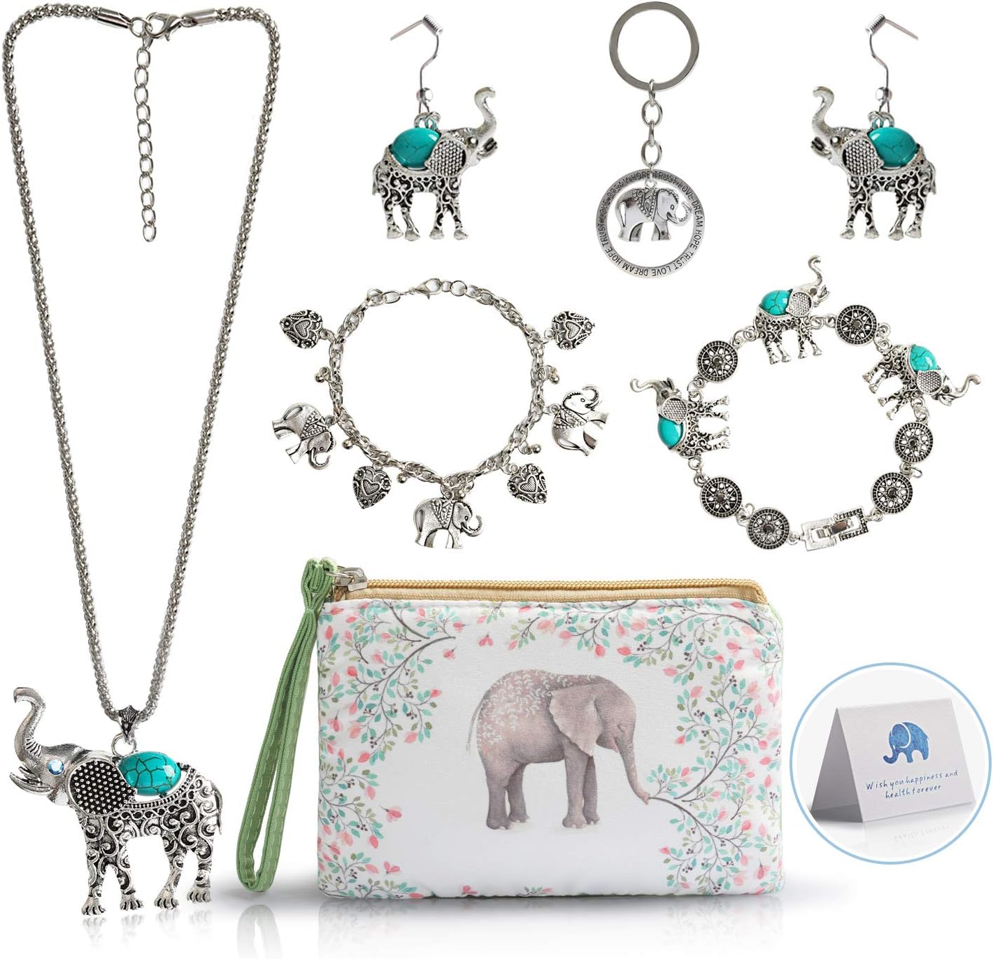 BAPHILEElephant Jewelry Sets for Women Girls,Mother's Day Gift Vintage Silver Ethnic Tribal Elephant Jewelry with Elephant Makeup Bag for Elephant Lover Gift, Metal