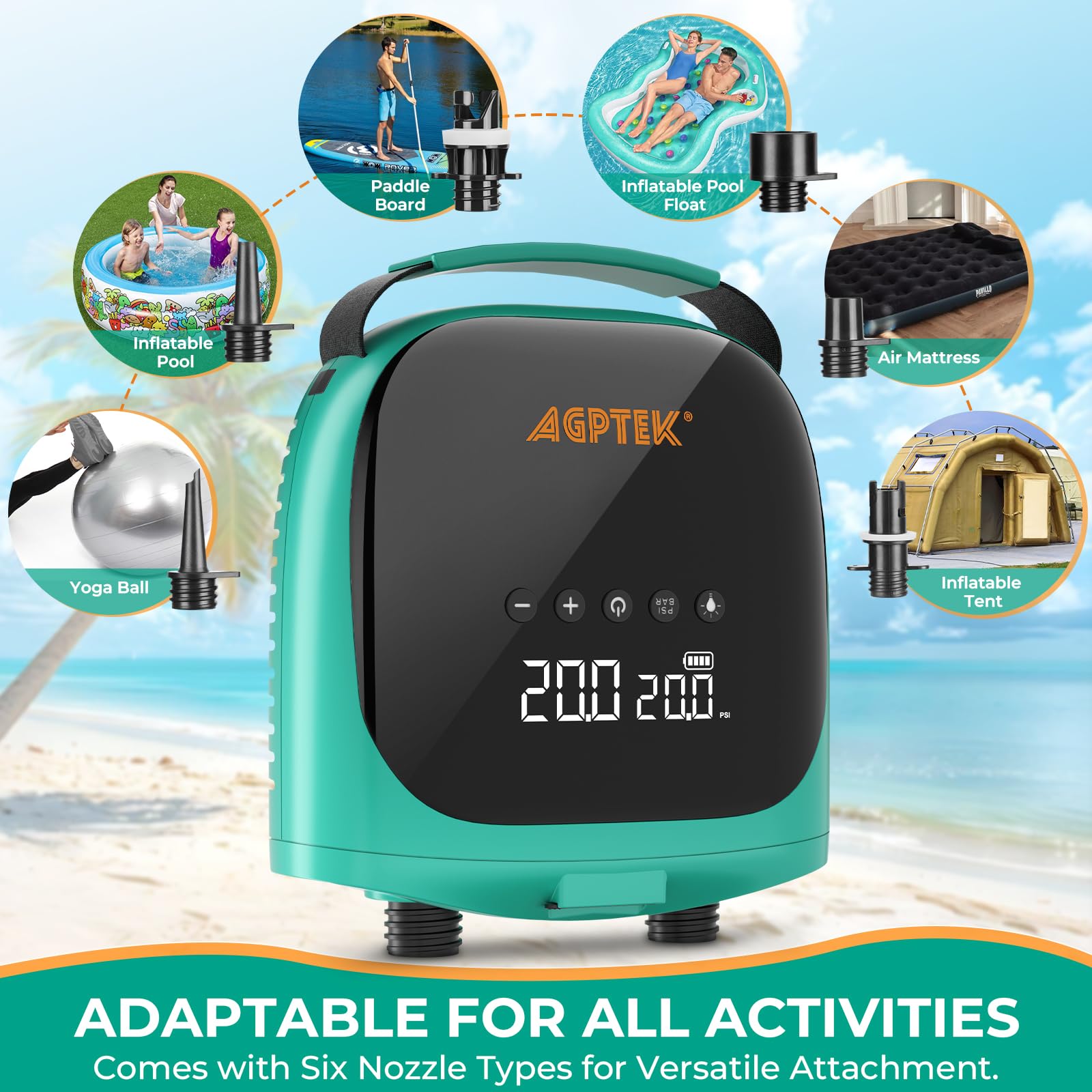 AGPTEK Elektrische Sup Pumpe Paddle Board Pumpe Wiederaufladbare 20PSI SUP Pumpe mit Akku, automatische Abschaltung 12V Gleichstrom-Autostecker Elektrische Pumpe für SUP-Boards und Boote