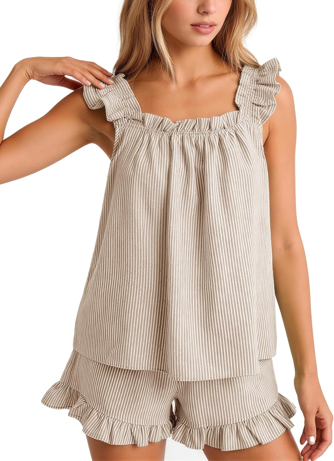Flygo Striped Pajamas Set for Women Cotton 2 Piece Lounge Sets Ruffle Cami Top and Shorts Cute Summer Pj Sleepwear