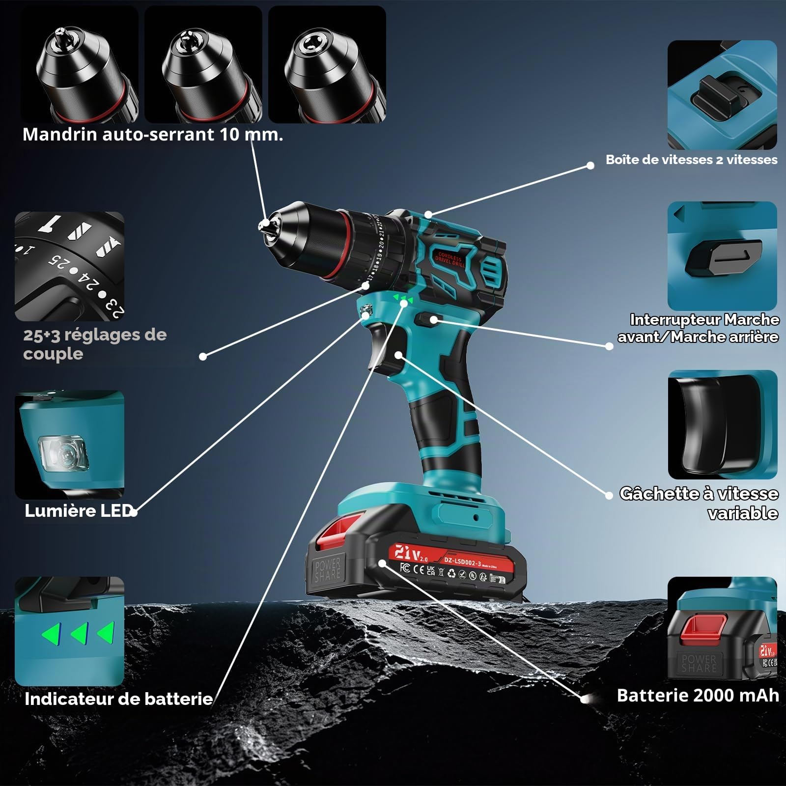 Perceuse Visseuse sans Fil 21V, Cordless Drill