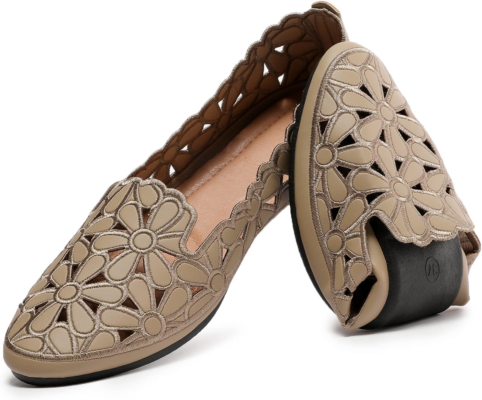 HEAWISH Women's Floral Ballet Flats for Women Black Beige Slip On Flowers PU Leather Round Toe Dress Shoes