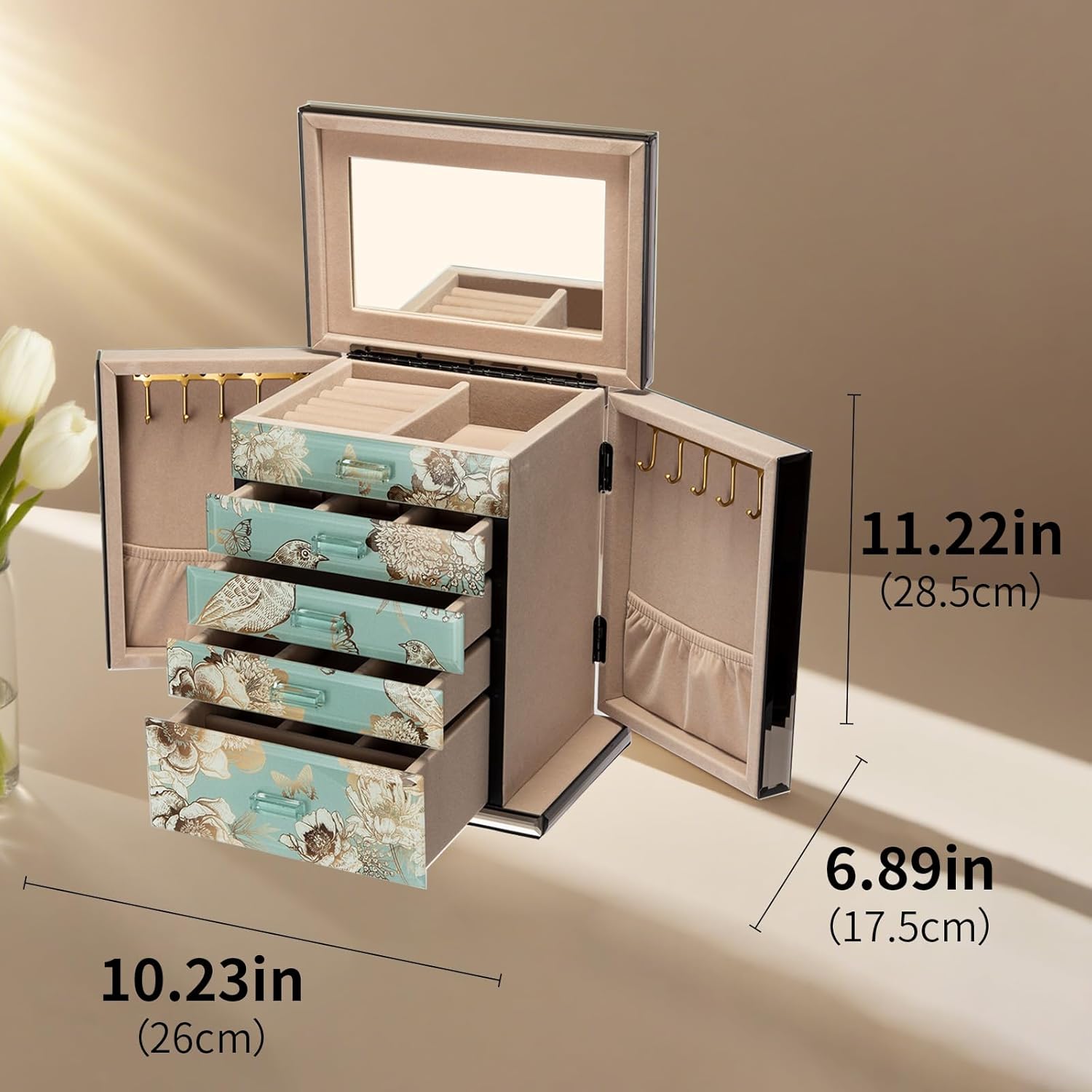 Glass Jewelry Box, 5-Layer Storage Case,Jewerly Boxes for Women Girls,Jewelry Gift Decorative Boxes, Art Painting Tabletop Ornament Organizer For Earring Necklace Watch Christmas Gifts