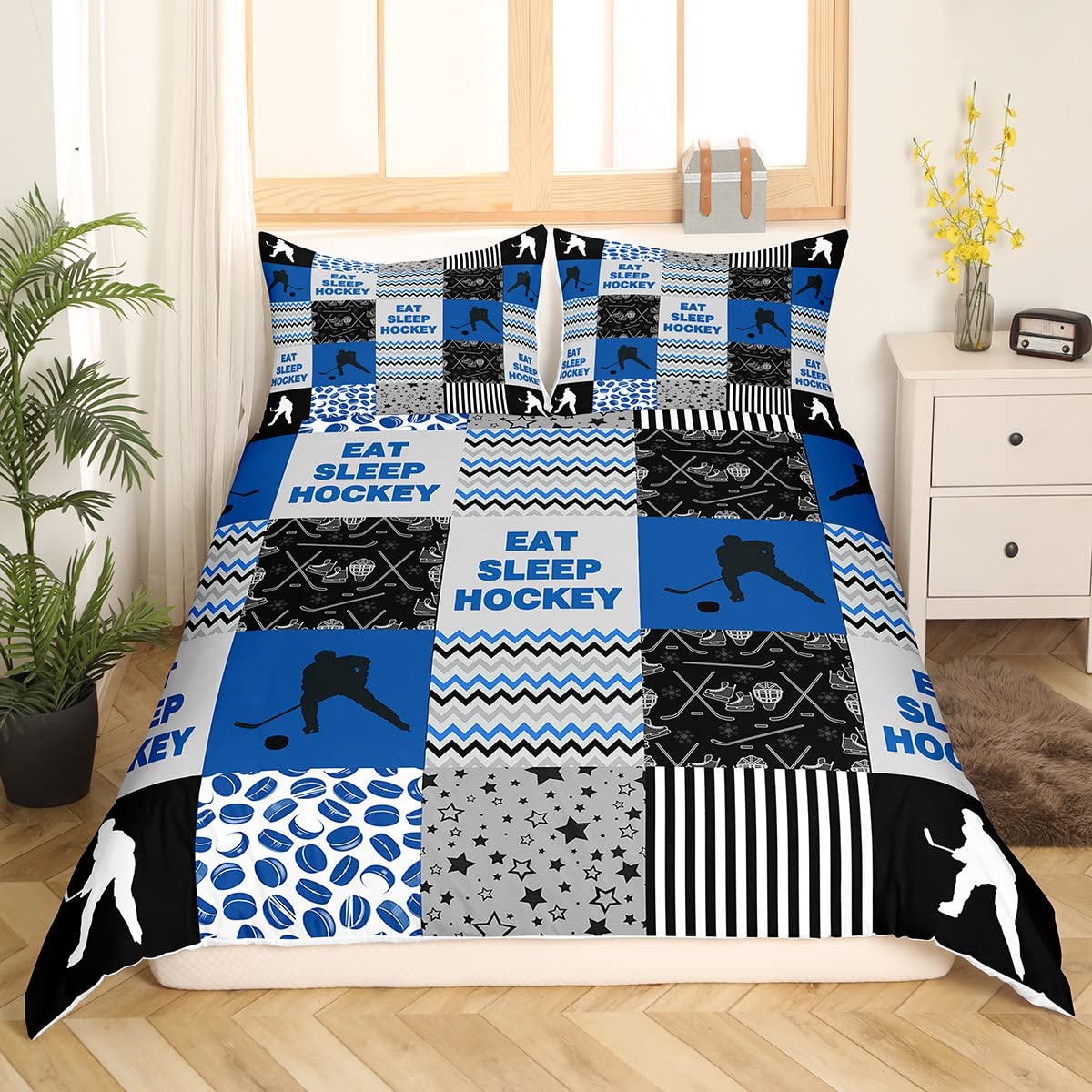 Ice Hockey Bedding Set for Kids - Breathable Geometric Print for Boys Girls Winter Sports - Blue Super King Size - Image 4
