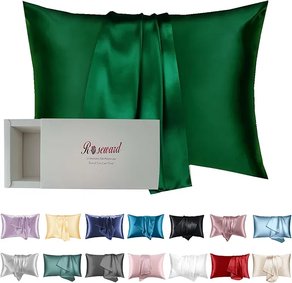 Oeko-TEX Certified Mulberry Silk Pillow Cases Green for Christmas Made in USA, 100% Silk Pillowcase with Zipper, 6A Grade 22 Momme Pure Silk Gift Set, 1 Pcs 20"x30" (Queen, Emerald)