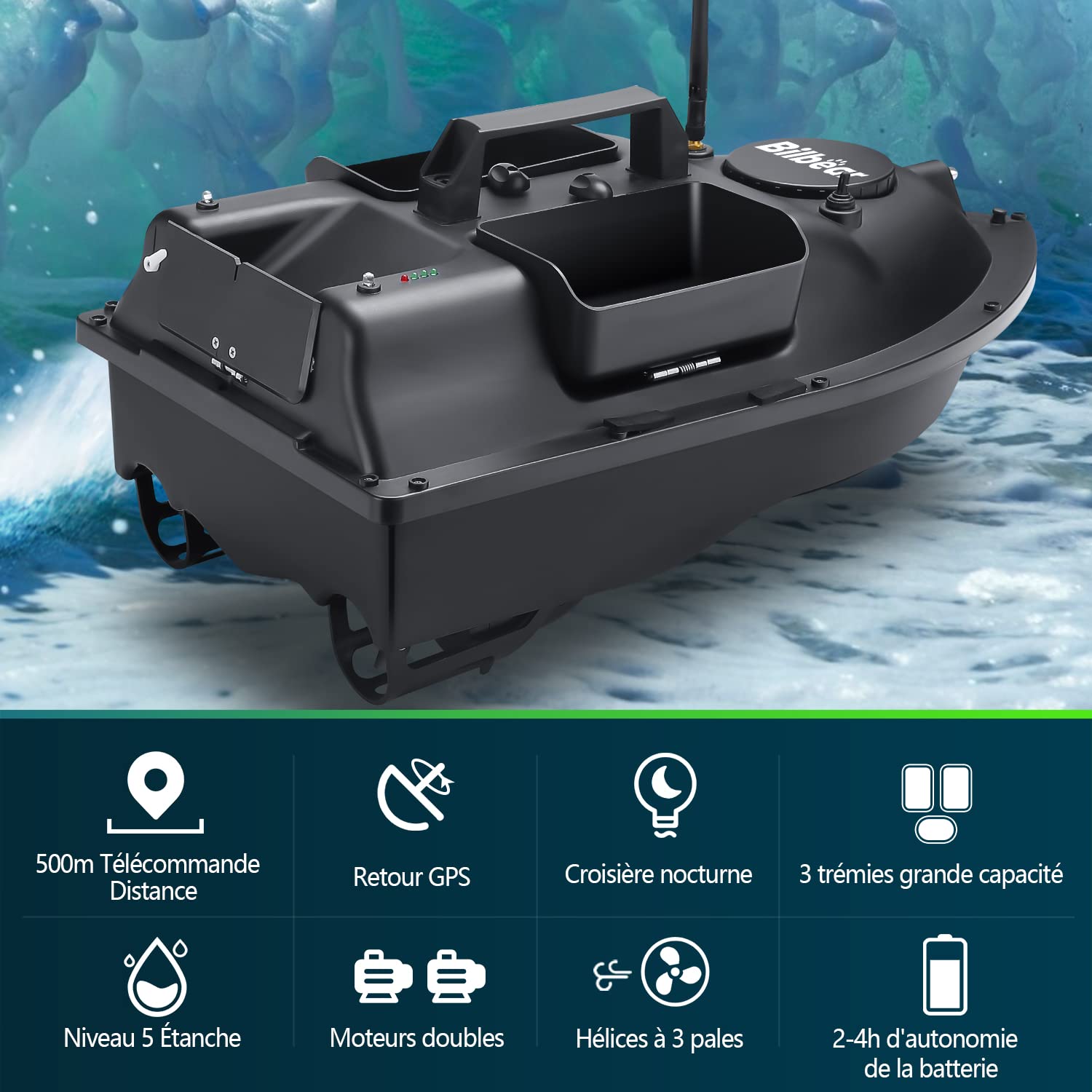 GPS Bateau Amorceur,télécommandé Bateau d'appât,3 trémies Bateau d'appât de pêche,Pêche à la Carpe,Sondeurs LCD avec capteur Sonar,Piles de Rechange,Sac à Main (Bateau Noir avec sondeur)
