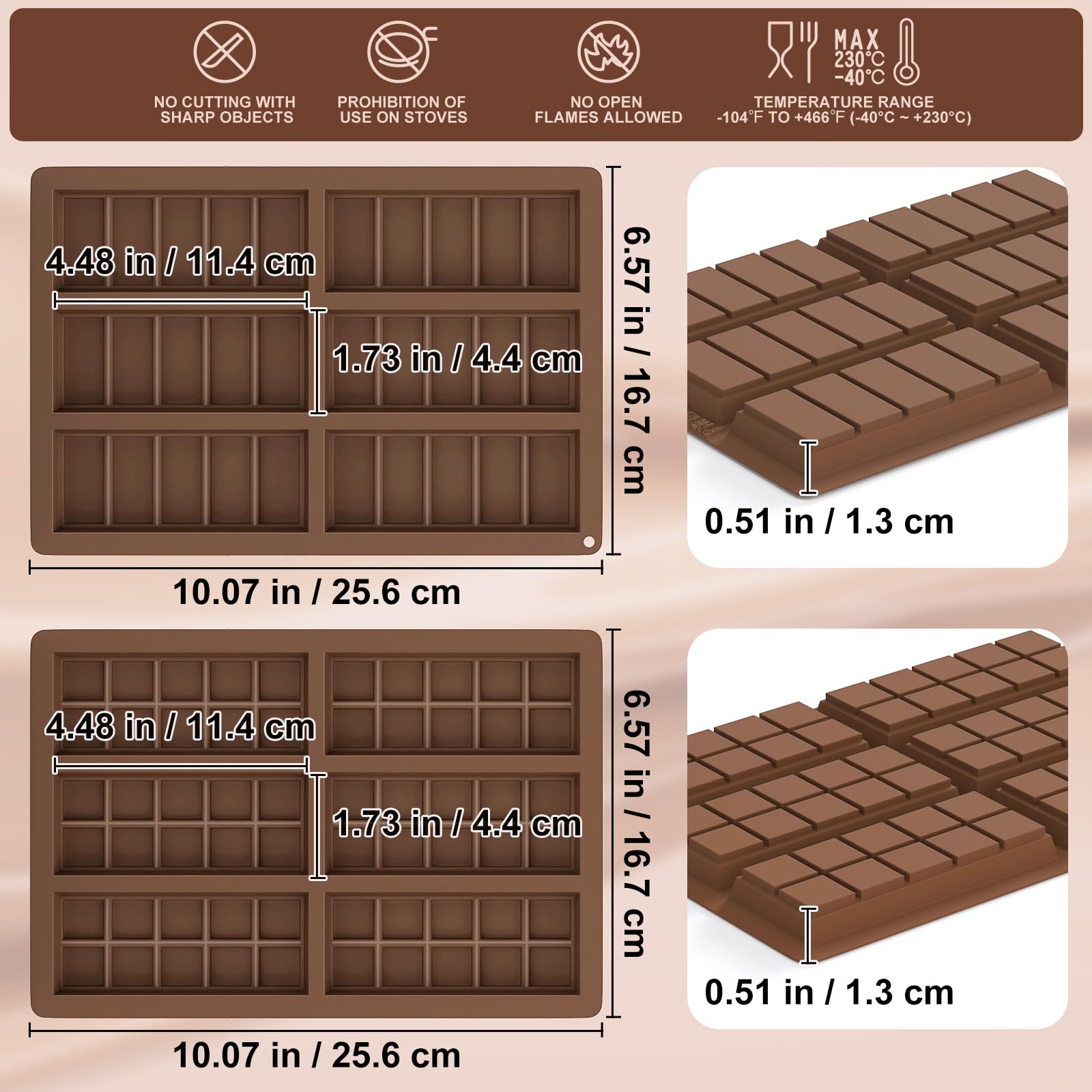 Moldes de barra de chocolate, paquete de 2 moldes de silicona para barra de chocolate profundo Dubai para relleno de Knafeh, pistacho, Halloween, Navidad, barra de chocolate gruesa