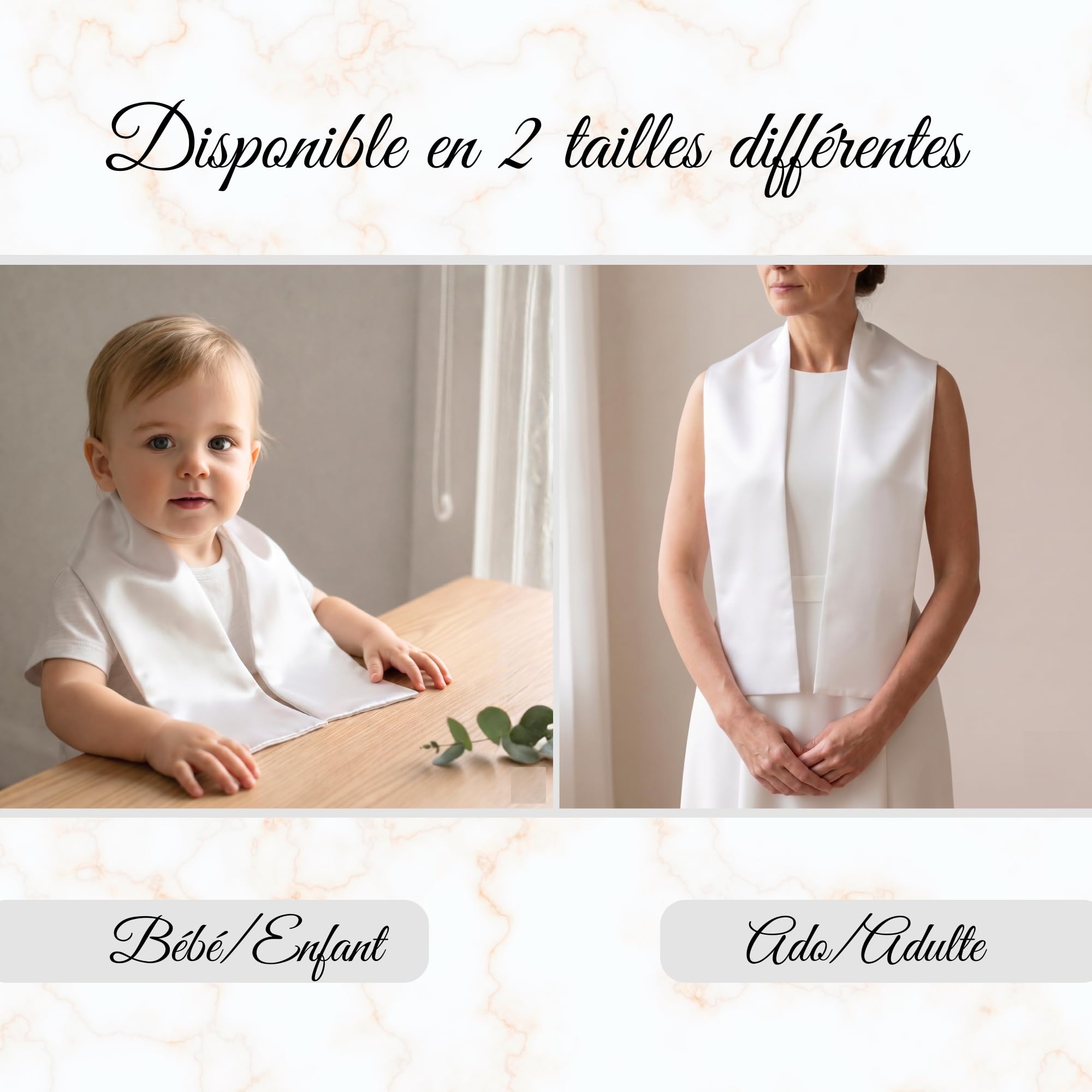 Étole Blanche de Baptême/Cérémonie – Vierge Satinée 100% Polyester – Fait Main – 85×15 cm Bébé/Enfant ou 120×15 cm Ado/Adulte – À Personnaliser (Broderie, Flocage, Sublimation)