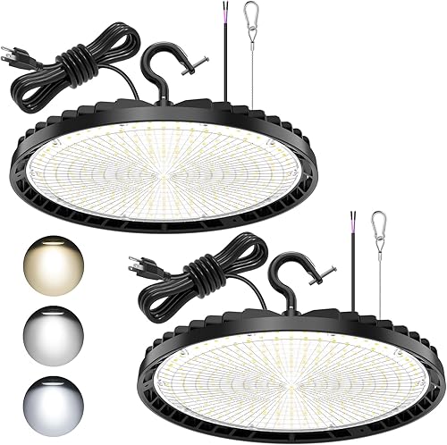 KUKUPPO Paquete de 2 luces LED de alta bahía de 150 W, 120 W, 90 W, ajustables, 4500 K, 5000 K, 5700 K, luz de tienda UFO de alta bahía con enchufe,