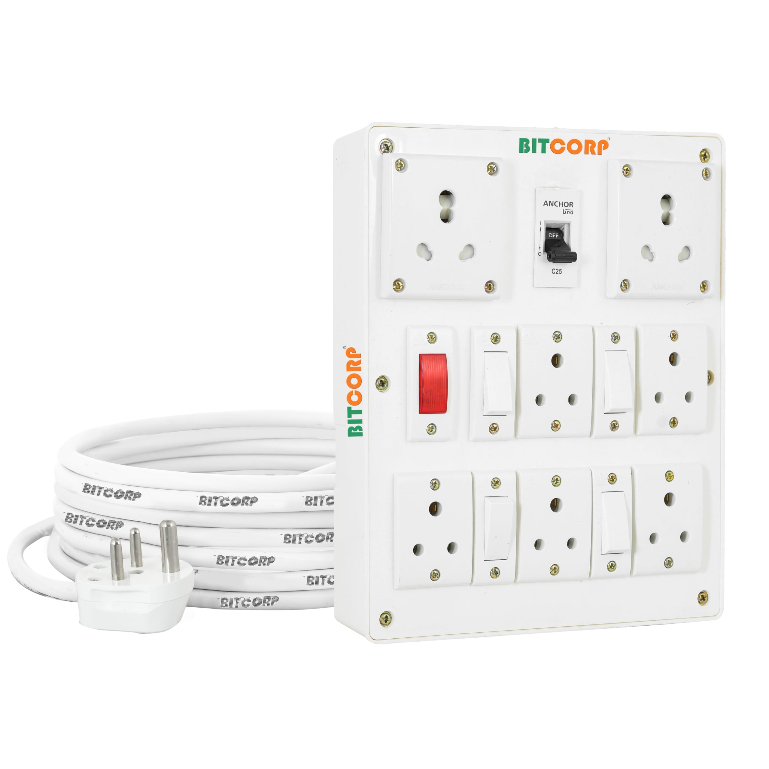 Bitcorp Power Strip with MCB 7 Socket 4 Switch, 6A 16A 3500W Extension Board with Surge Protection 10 Meter Cord for Home, Office, Fridge, Cooler, Computer, Air Conditioner (White) 220 Volts