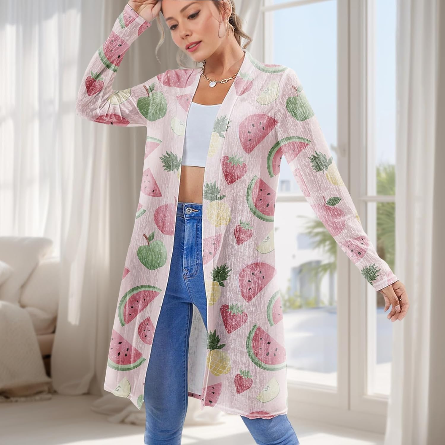 Fashion Women's Cardigan Lightweight Comfy Breathable Mid-Length Long Sleeve Cardigan Vacation Casual Beachwear - Image 2