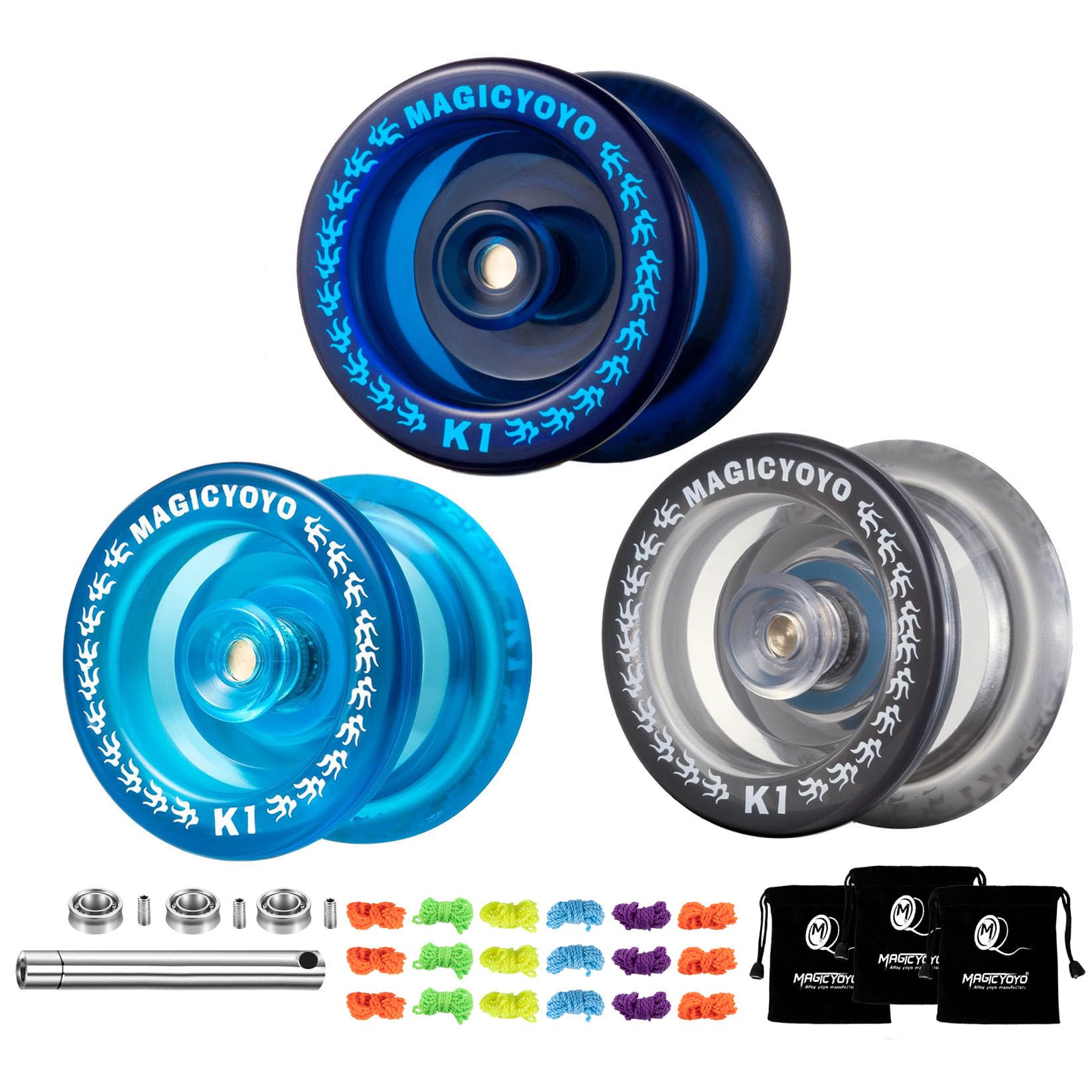 MAGICYOYO Pack of 3 Responsive Yoyos for Kids, Dual Purpose Yoyo with Unresponsive Yoyo Bearing for Adults, 3 Yoyo Bags, 18 Yoyo Strings, Yoyo Ball Accessories (Dark Blue +Crystal Blue +Black)