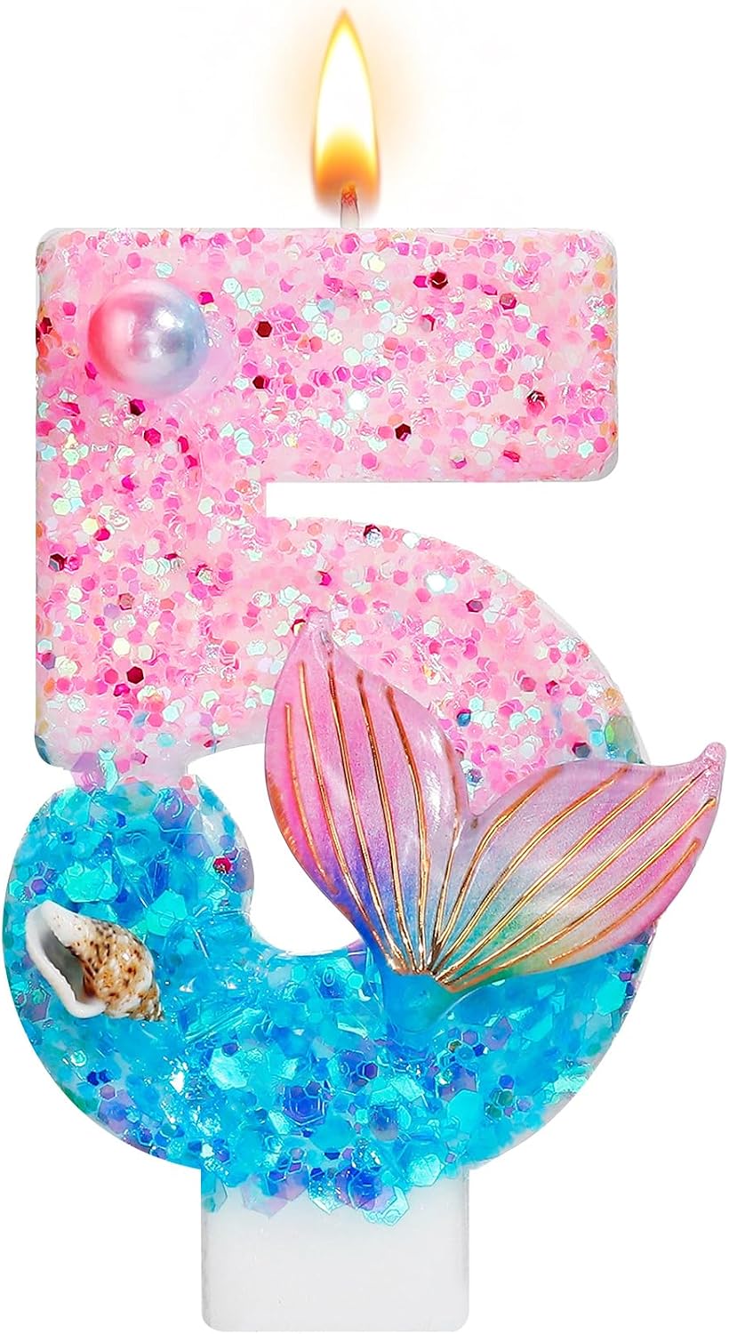 Mermaid Number 5 Birthday Candle, Little Mermaid Decorations Cake Topper, 5th Birthday Candle Girl, Anniversary Celebrations Party Favors