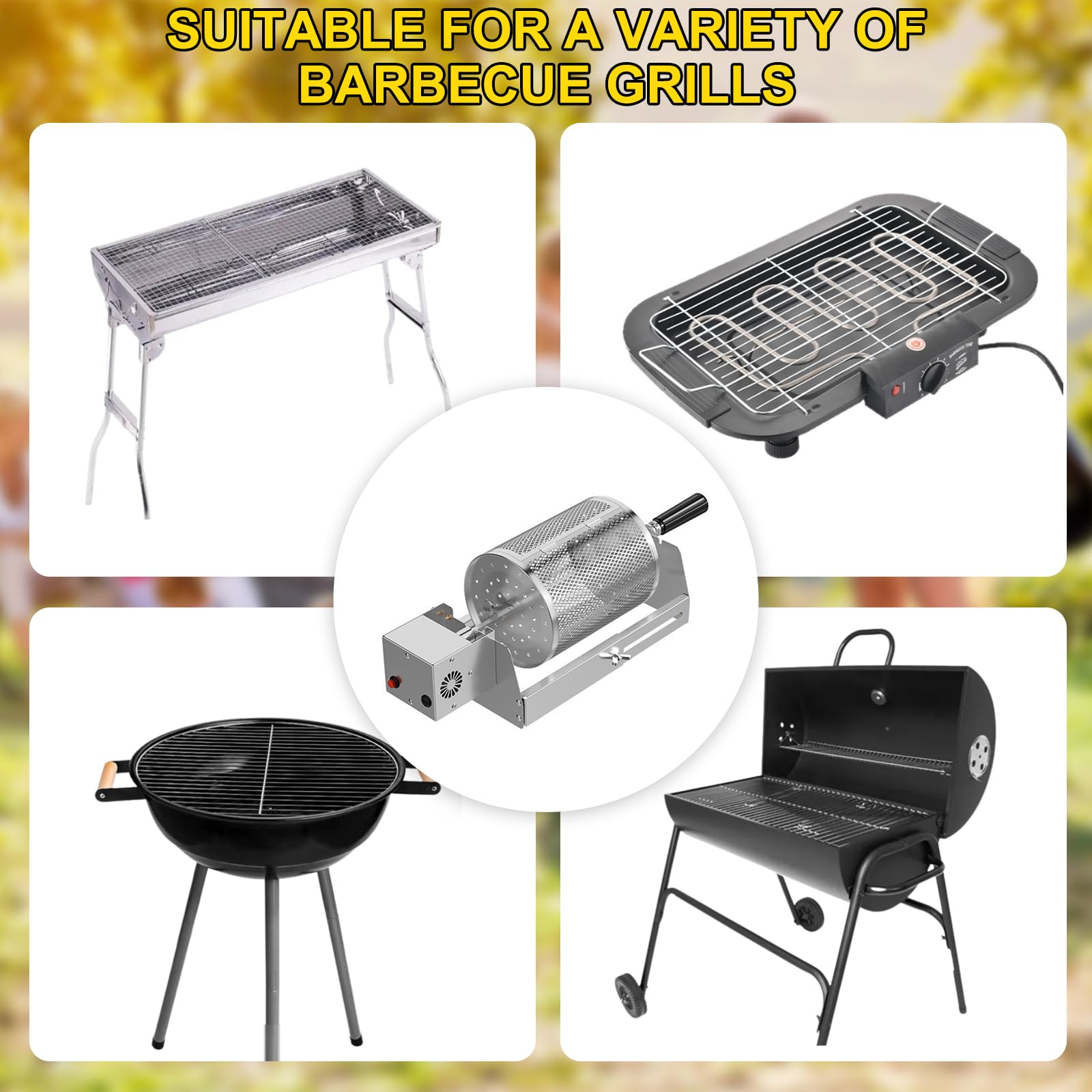 Nikou Cestino per Barbecue Girevole Grill, Girarrosto in Acciaio Inox, Rotisserie Automatico Rotante Grill Basket BBQ Kebab Macchina per Verdure, Arachidi, Noci