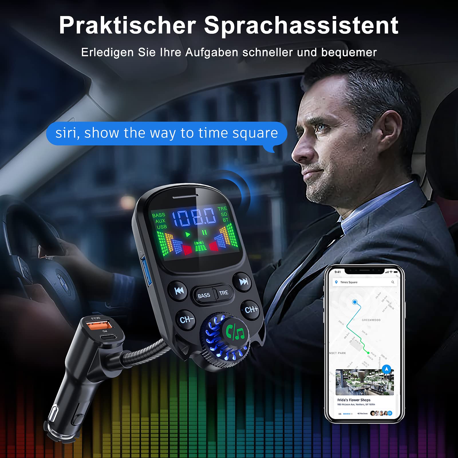 Bluetooth 5.3 FM Transmitter für Auto - 30W Dual USB Ladegerät mit QC3.0 & PD3.0, Kfz Radio mit Freisprechanlage und Höhen- und Bassanpassung, unterstützt U Disk/TF Karte/AUX
