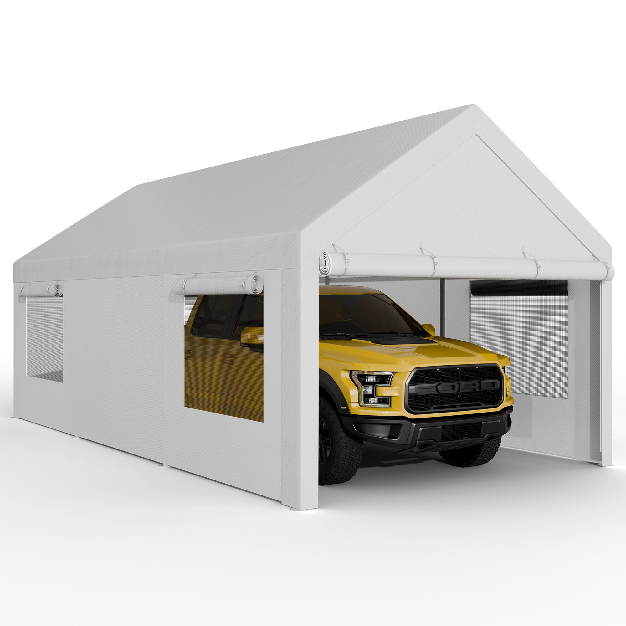 JAMFLY Carport, 10x20 ft Heavy Duty Carport with Roll-up Windows, Portable Garage with Removable Sidewalls & Doors, Car Canopy with Sandbags and All-Season Tarp for Car Boat Truck Motorcycle, White