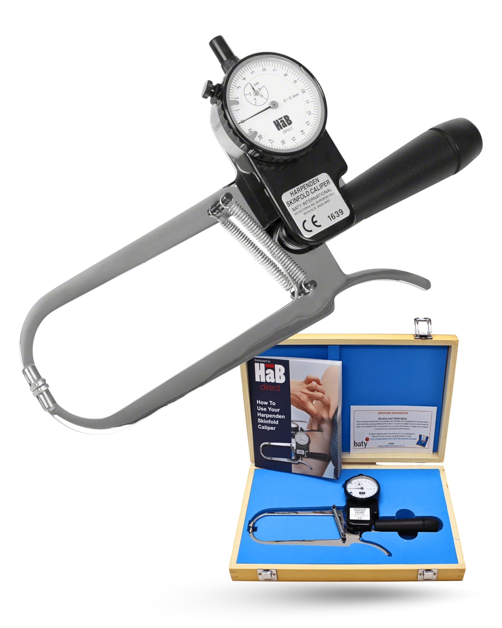 HaB Harpenden Skinfold Caliper I Präzisions Hautfaltenmessgerät zur Körperfettmessung I Caliper Zange mit 0,2 mm Skala I Messbereich 0–80 mm I Körperfettzange inkl. Holzkiste
