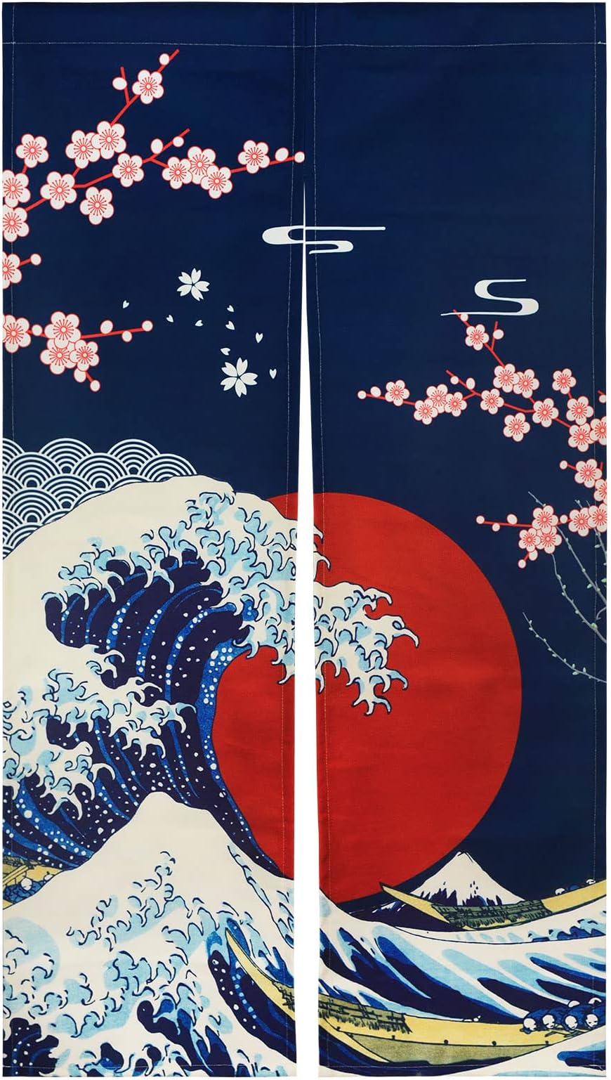 Japanese Noren Doorway Curtain Ukiyoe Hokusai The Great Wave Off Kanagawa Sun Cherry Blossoms Printed Window Treatment Door Tapestry for Home Restaurant Decoration 85 x 150 cm, Blue