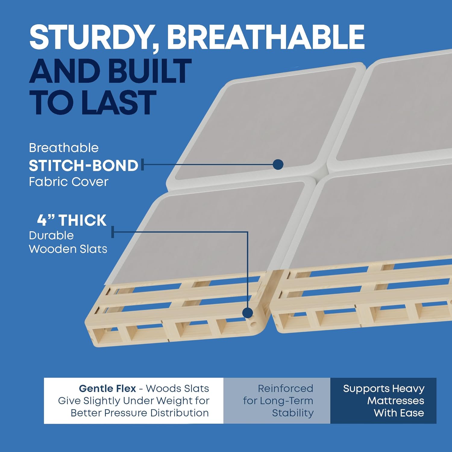 Treaton, Box Spring Bed Base King Size, 4-Inch Wood Mattress Foundation – Amish Made in USA – Quiet Noise Free, 4-Pieces Under Mattress-Support BoxSpring, Fully Assembled, White.