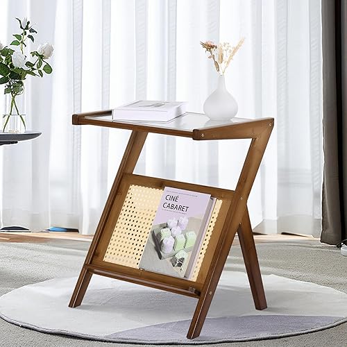 Miniatura 3 de WOOW DEPOT Mesa auxiliar de ratán en forma de Z única con revistero, mesa auxiliar de madera con parte superior de cristal, mesita de noche bohemia