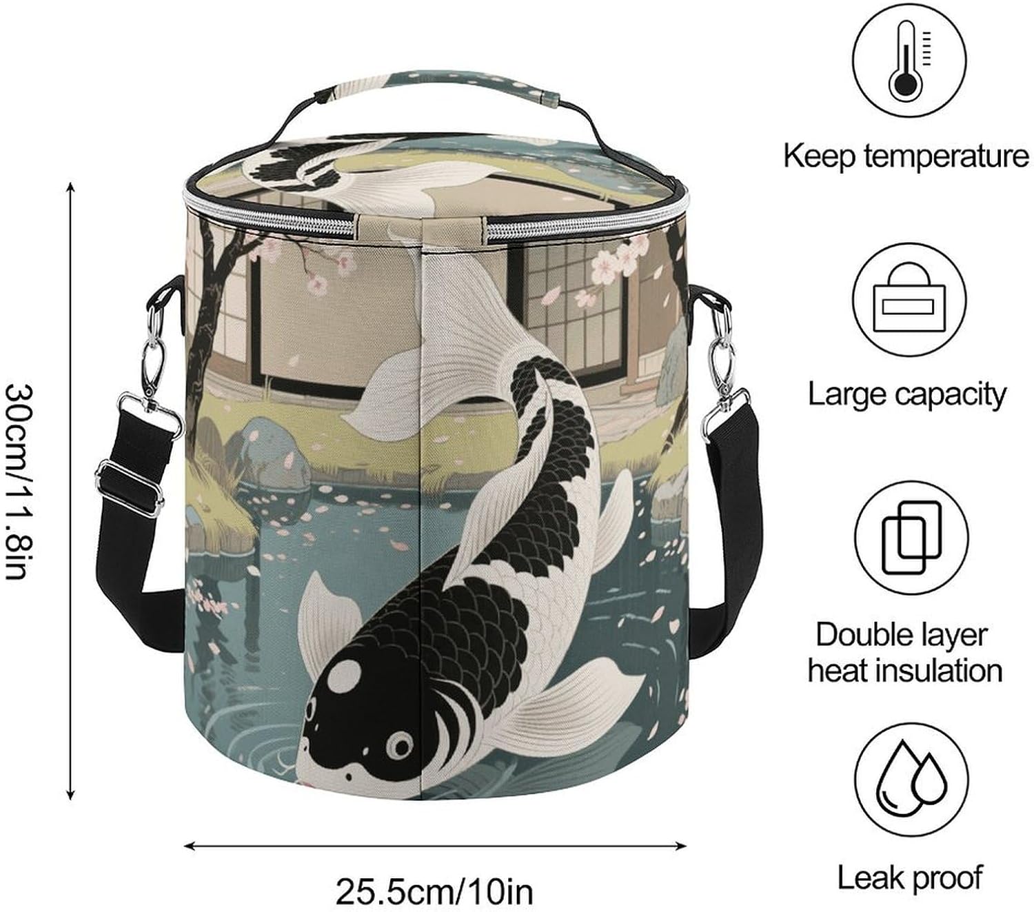 Japanese Yin Yang Koi Fish Lunch Bag 15L, Insulated Picnic Basket with Leakproof Design - Large Cooler Tote for Camping, Beach, Hiking & Groceries