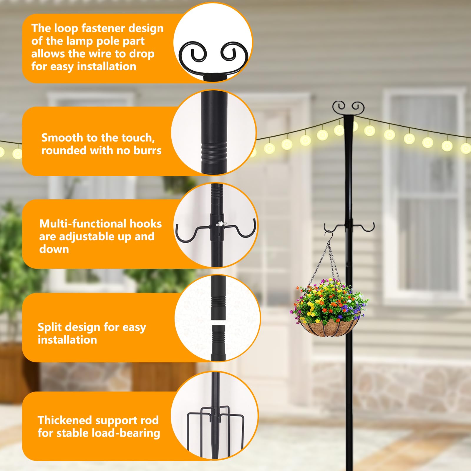 4 postes de luz festoon, postes de bandera de hierro resistente de 10 pies para jardín con tenedor y 2 ganchos, poste de altura ajustable para exteriores, jardín, patio, terraza, patio, patio